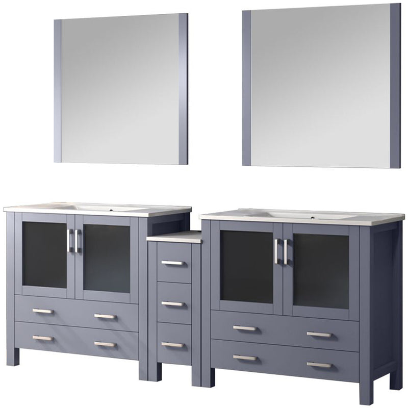 Lexora Volez 84" W x 18.25" D Double Bath Vanity with Side Cabinet with White Ceramic Top and 34" Mirrors