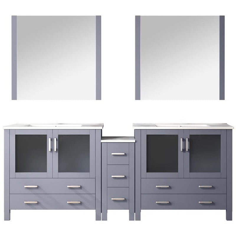 Lexora Volez 84" W x 18.25" D Double Bath Vanity with Side Cabinet with White Ceramic Top and 34" Mirrors