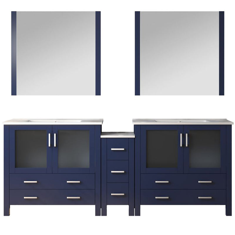 Lexora Volez 84" W x 18.25" D Double Bath Vanity with Side Cabinet with White Ceramic Top and 34" Mirrors