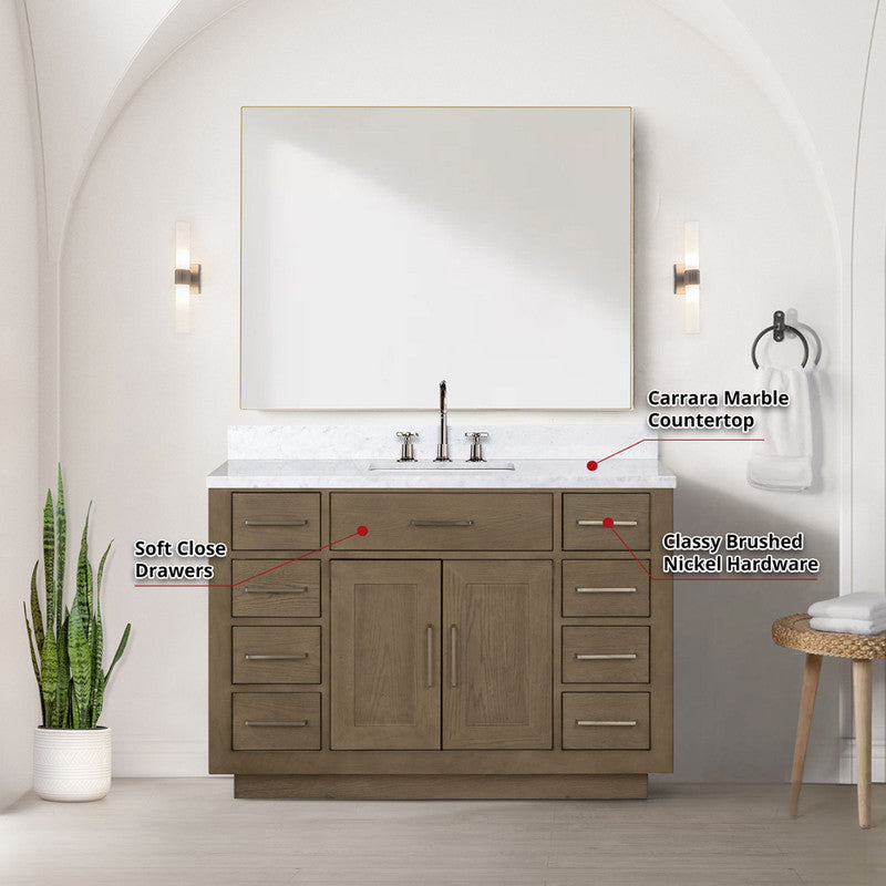 Lexora Abbey 48 in W x 22 in D Single Bath Vanity, Carrara Marble Top, and 46 in Mirror