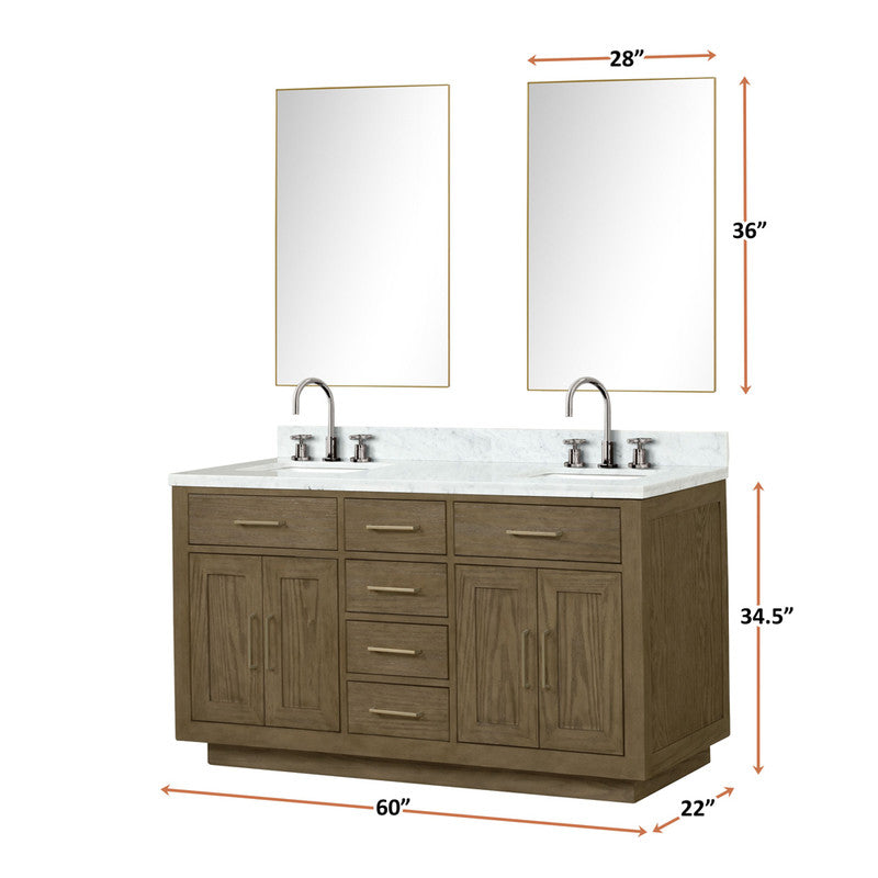 Lexora Abbey 60 in W x 22 in D Double Bath Vanity, Carrara Marble Top, and Faucet Set