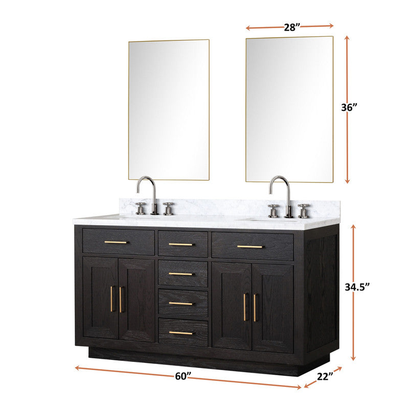 Lexora Abbey 60 in W x 22 in D Double Bath Vanity, Carrara Marble Top, and 28 in Mirrors