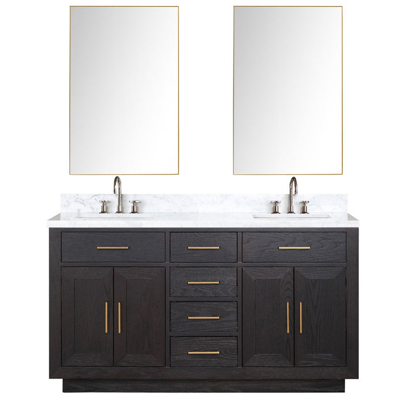 Lexora Abbey 60 in W x 22 in D Double Bath Vanity, Carrara Marble Top, Faucet Set, and 28 in Mirrors