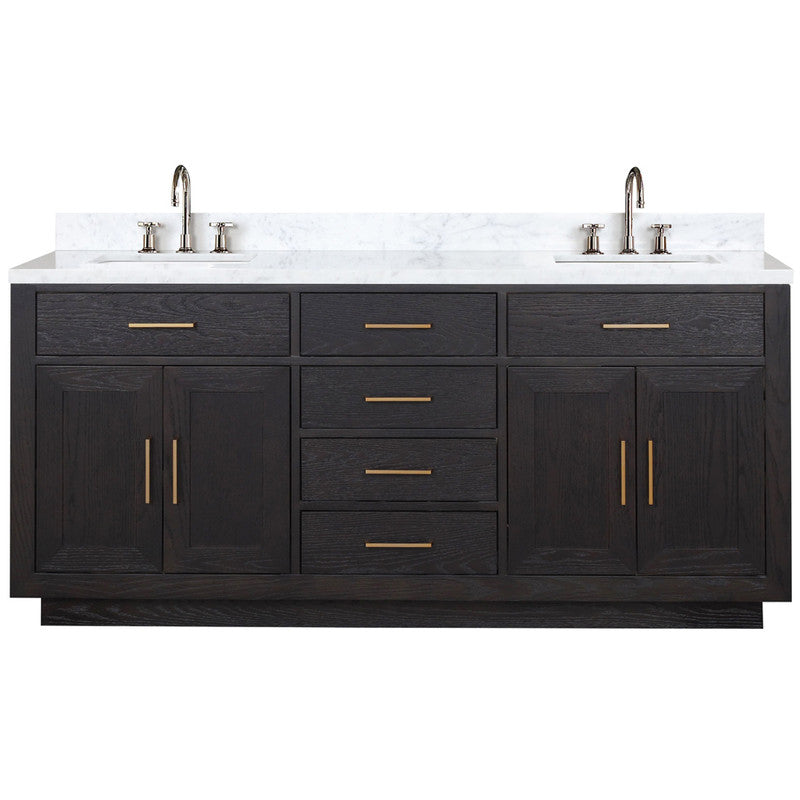 Lexora Abbey 72 in W x 22 in D Black Oak Double Bath Vanity, Carrara Marble Top, and Faucet Set