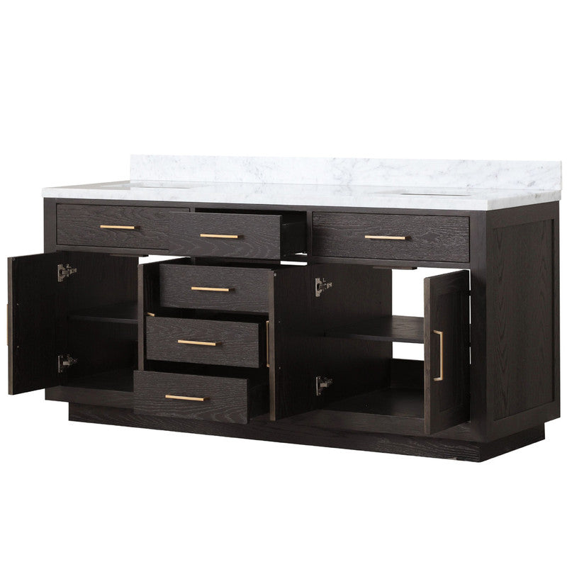 Lexora Abbey 72 in W x 22 in D Black Oak Double Bath Vanity and Carrara Marble Top