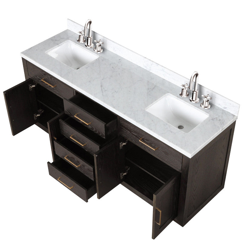 Lexora Abbey 72 in W x 22 in D Black Oak Double Bath Vanity, Carrara Marble Top, and Faucet Set