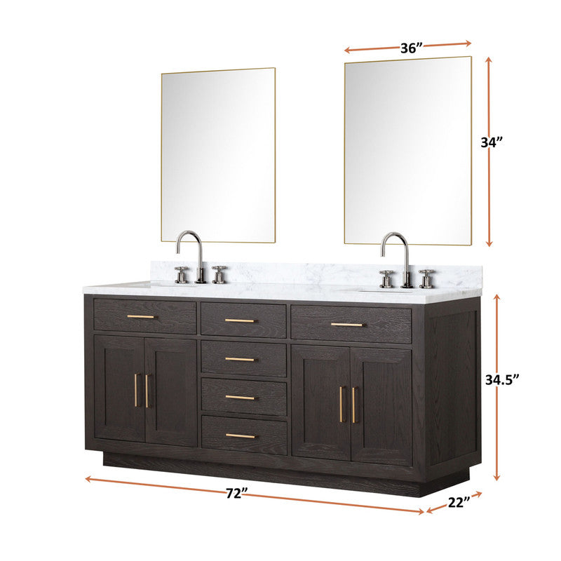 Lexora Abbey 72 in W x 22 in D Black Oak Double Bath Vanity, Carrara Marble Top, and Faucet Set