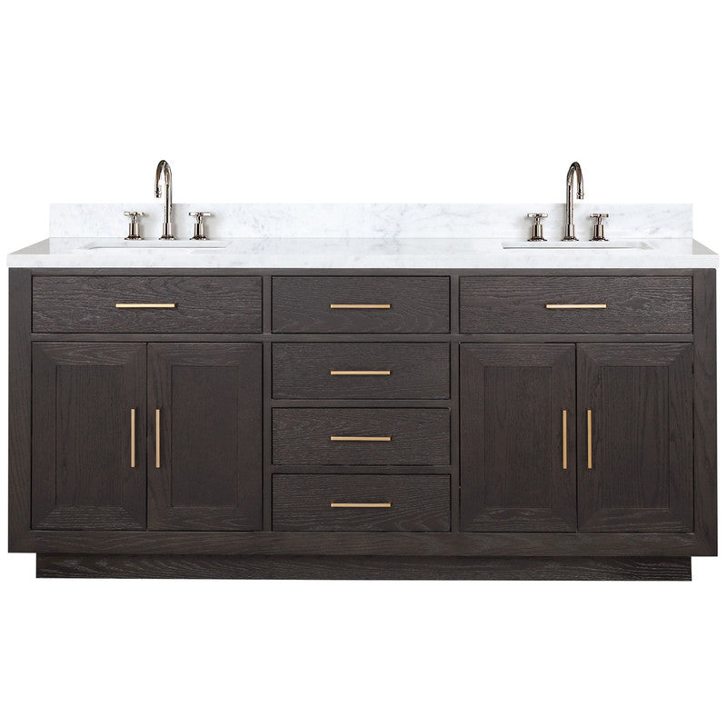 Lexora Abbey 72 in W x 22 in D Black Oak Double Bath Vanity, Carrara Marble Top, and Faucet Set