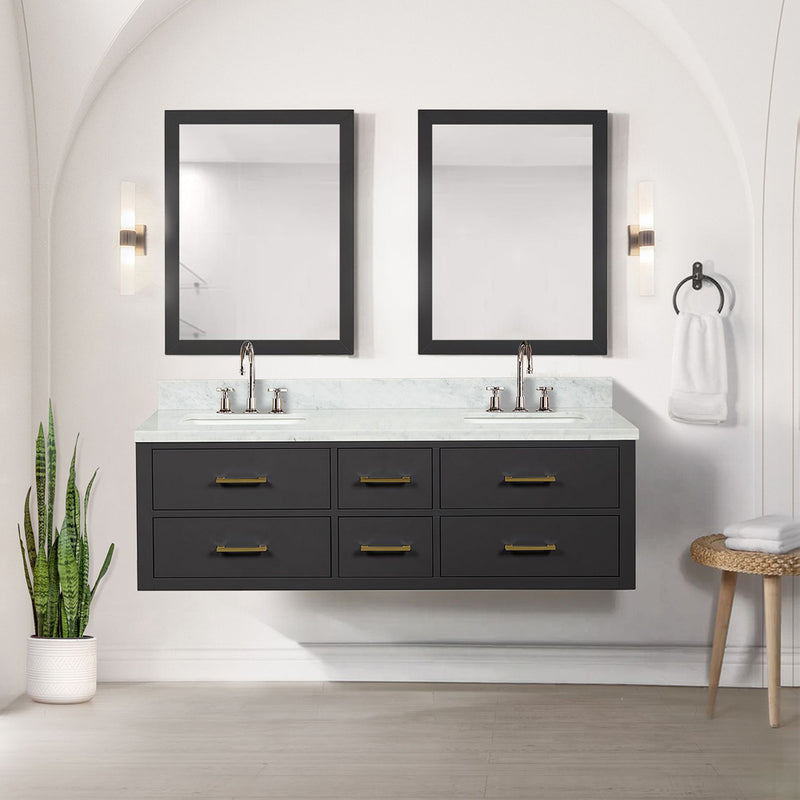 Lexora Castor 60" W x 22" D Double Bath Vanity Carrara Marble Top with Faucet Set and 28" Mirrors