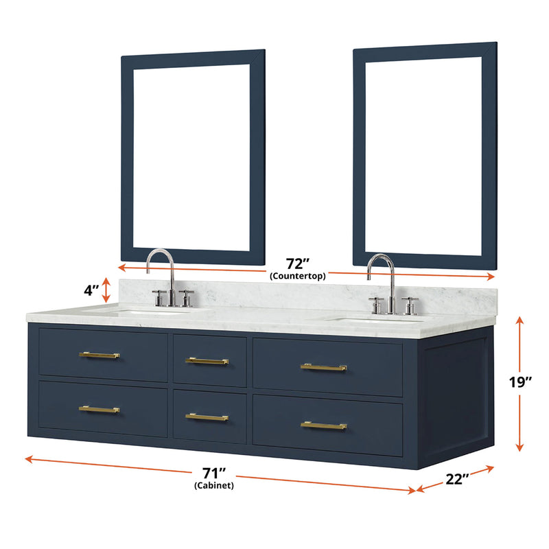 Lexora Castor 72" W x 22" D Black Double Bath Vanity Carrara Marble Top with Faucet Set and 34" Mirrors