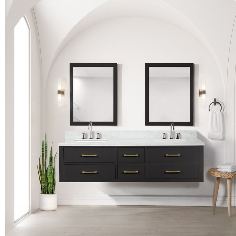 Lexora Castor 72" W x 22" D Black Double Bath Vanity Carrara Marble Top with Faucet Set and 34" Mirrors