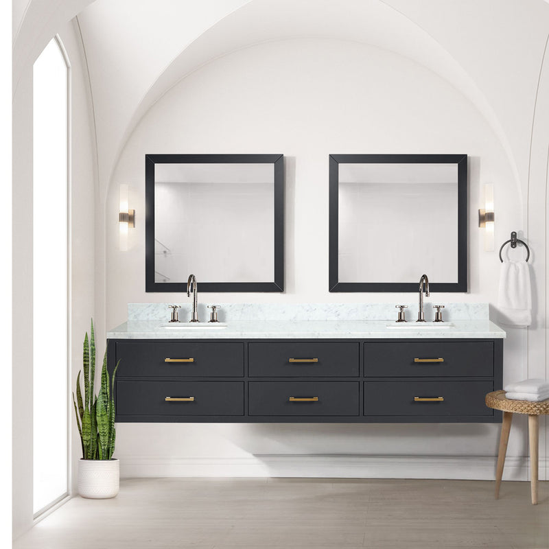 Lexora Castor 84" W x 22" D Black Double Bath Vanity Carrara Marble Top and 36" Mirrors