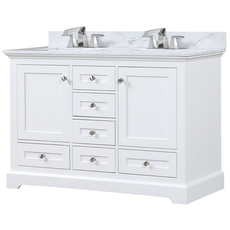 Lexora Dukes 48" W x 22" D White Double Bath Vanity Carrara Marble Top with Faucet Set