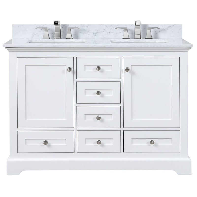 Lexora Dukes 48" W x 22" D White Double Bath Vanity Carrara Marble Top with Faucet Set