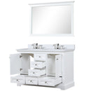 Lexora Dukes 48" W x 22" D White Bath Vanity Cultured Marble Top with Faucet Set and 46" Mirror