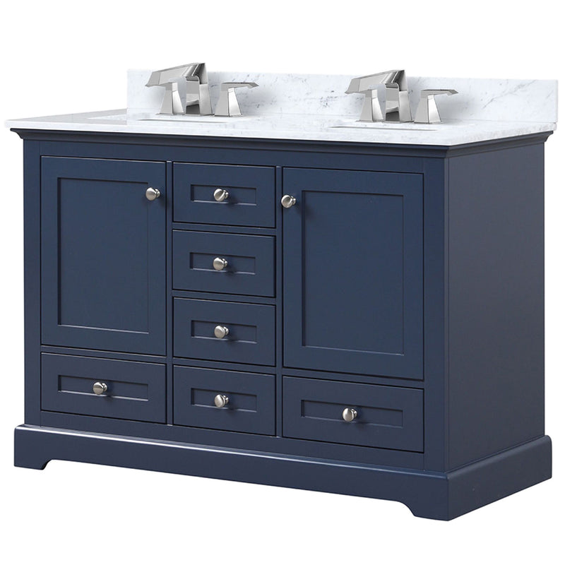 Lexora Dukes 48" W x 22" D Navy Blue Double Bath Vanity Carrara Marble Top with Faucet Set