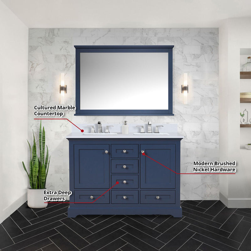 Lexora Dukes 48" W x 22" D Navy Blue Bath Vanity and Cultured Marble Top