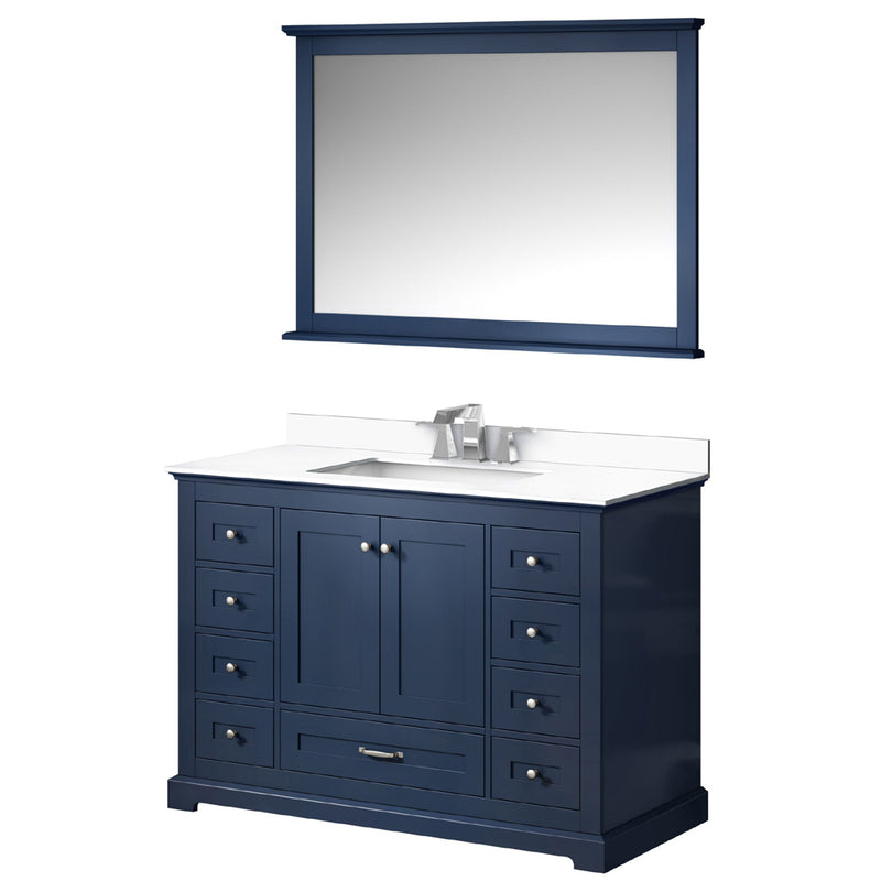 Lexora Dukes 48" W x 22" D Navy Blue Bath Vanity Cultured Marble Top with Faucet Set and 46" Mirror