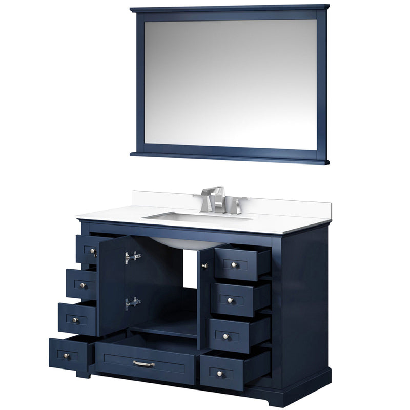 Lexora Dukes 48" W x 22" D Navy Blue Bath Vanity Cultured Marble Top with Faucet Set and 46" Mirror