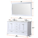 Lexora Dukes 60" W x 22" D White Double Bath Vanity Carrara Marble Top with Faucet Set and 58" Mirror