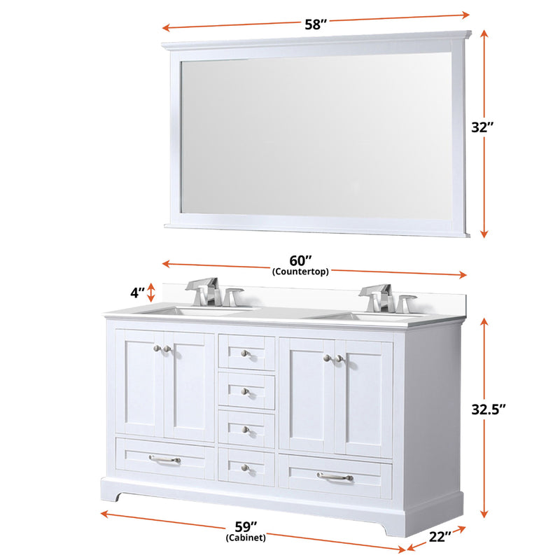 Lexora Dukes 60" W x 22" D White Double Bath Vanity Carrara Marble Top with Faucet Set and 58" Mirror