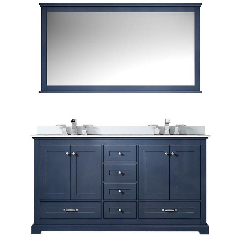 Lexora Dukes 60" W x 22" D Navy Blue Double Bath Vanity Carrara Marble Top with Faucet Set and 58" Mirror