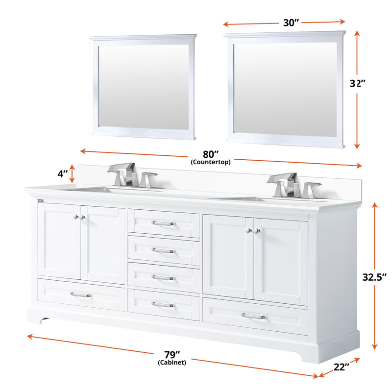 Lexora Dukes 80" W x 22 " D White Double Bath Vanity Carrara Marble Top and 30" Mirrors