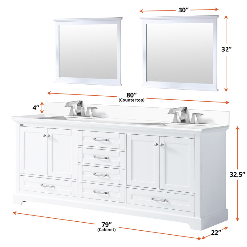 Lexora Dukes 80" W x 22 " D White Double Bath Vanity Carrara Marble Top with Faucet Set and 30" Mirrors