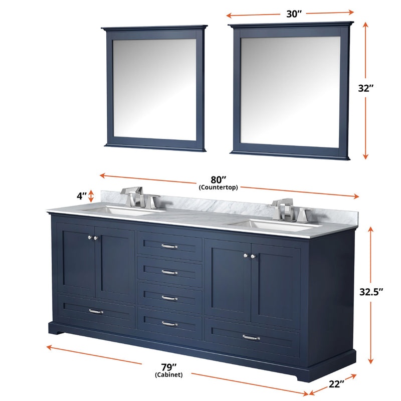 Lexora Dukes 80" W x 22" D Navy Blue Double Bath Vanity Carrara Marble Top with Faucet Set