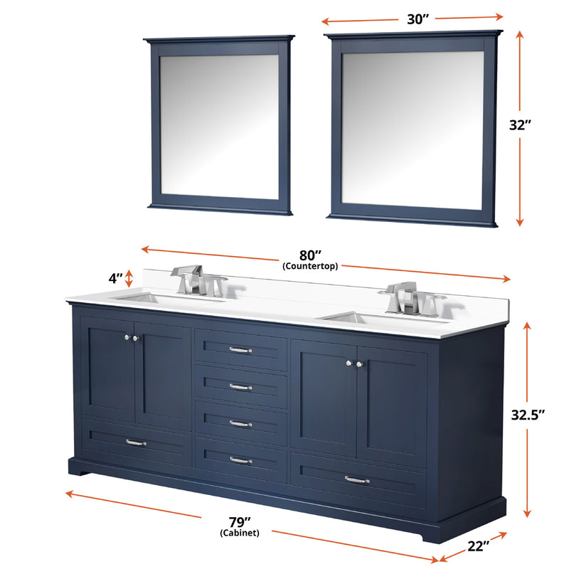 Lexora Dukes 80" W x 22" D Navy Blue Double Bath Vanity Carrara Marble Top with Faucet Set