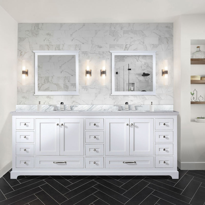 Lexora Dukes 84" W x 22" D White Double Bath Vanity Carrara Marble Top with Faucet Set