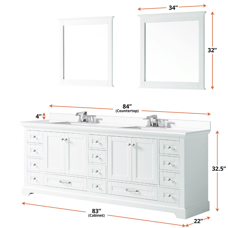 Lexora Dukes 84" W x 22" D White Double Bath Vanity Carrara Marble Top with Faucet Set