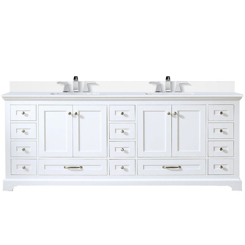 Lexora Dukes 84" W x 22" D White Double Bath Vanity Carrara Marble Top with Faucet Set