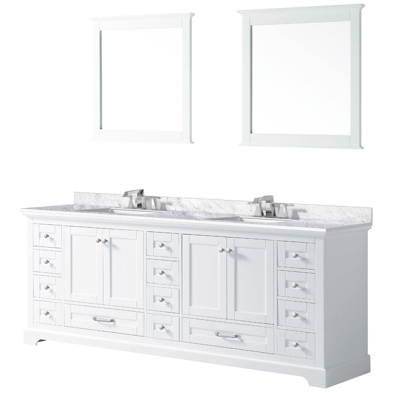 Lexora Dukes 84" W x 22" D White Double Bath Vanity Carrara Marble Top and 34" Mirrors