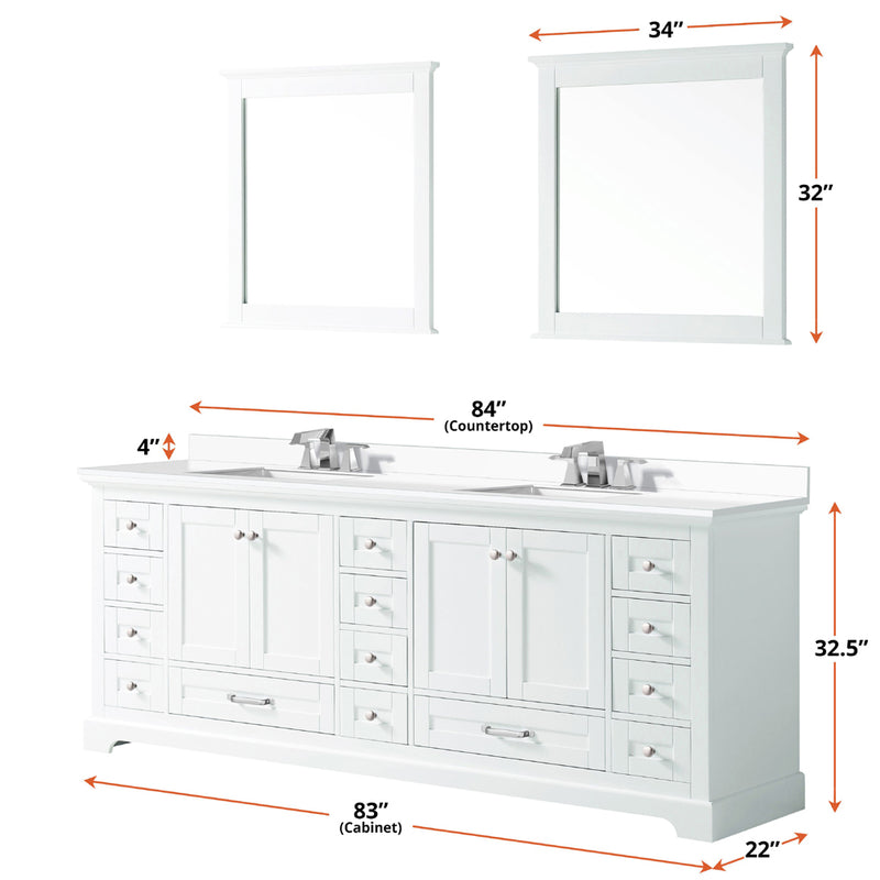 Lexora Dukes 84" W x 22" D White Double Bath Vanity Carrara Marble Top with Faucet Set and 34" Mirrors