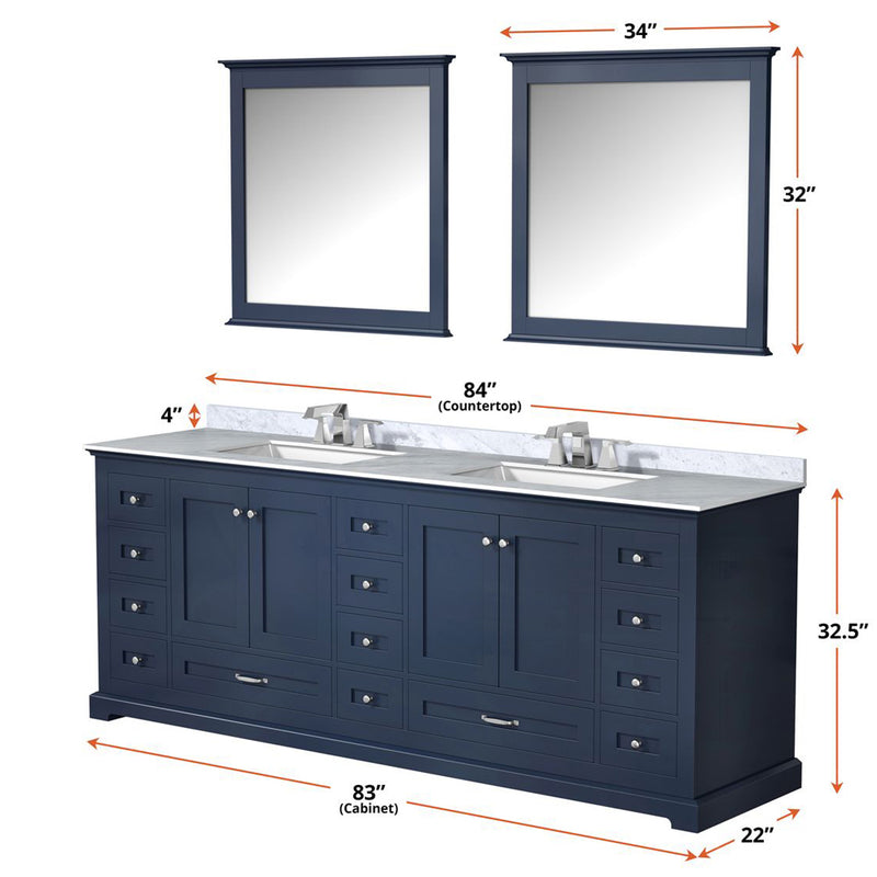 Lexora Dukes 84" W x 22" D Navy Blue Double Bath Vanity Carrara Marble Top with Faucet Set