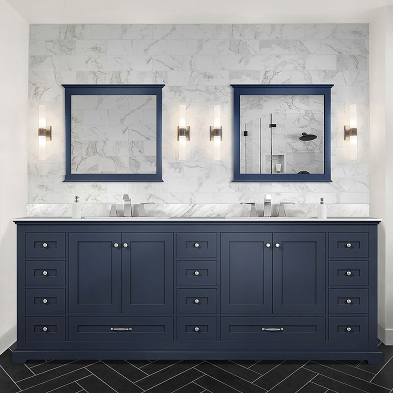 Lexora Dukes 84" W x 22" D Navy Blue Double Bath Vanity Carrara Marble Top with Faucet Set