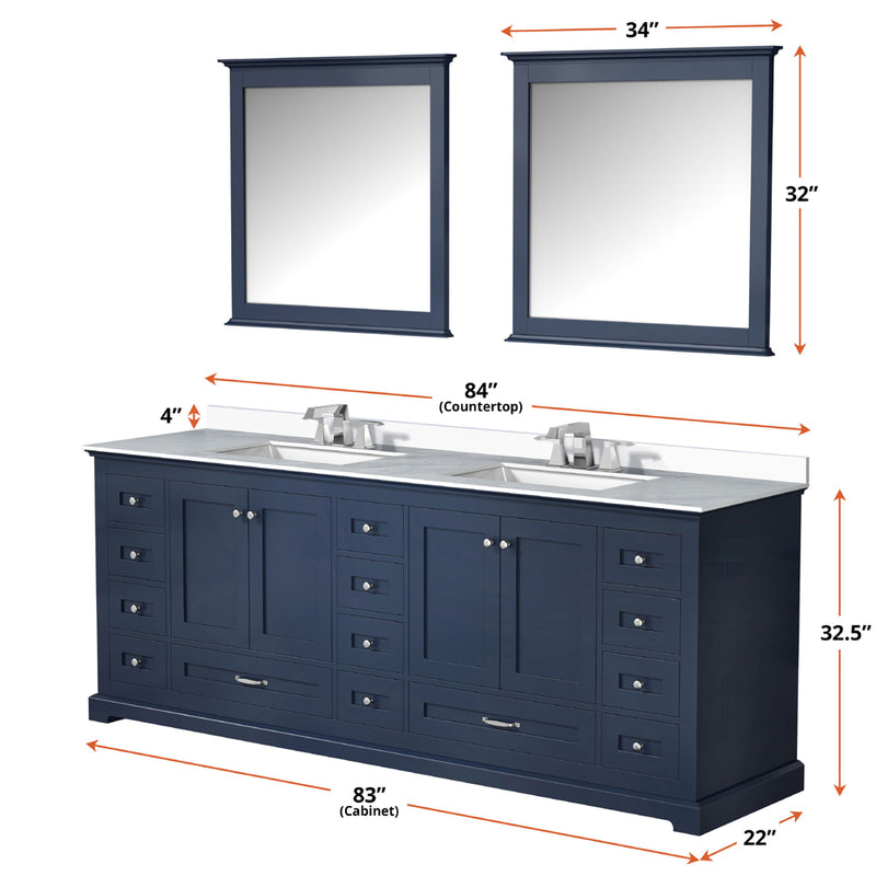 Lexora Dukes 84" W x 22" D Navy Blue Double Bath Vanity Carrara Marble Top with Faucet Set