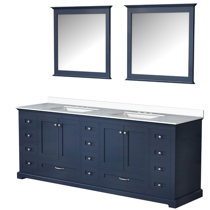 Lexora Dukes 84" W x 22" D Navy Blue Double Bath Vanity Carrara Marble Top and 34" Mirrors