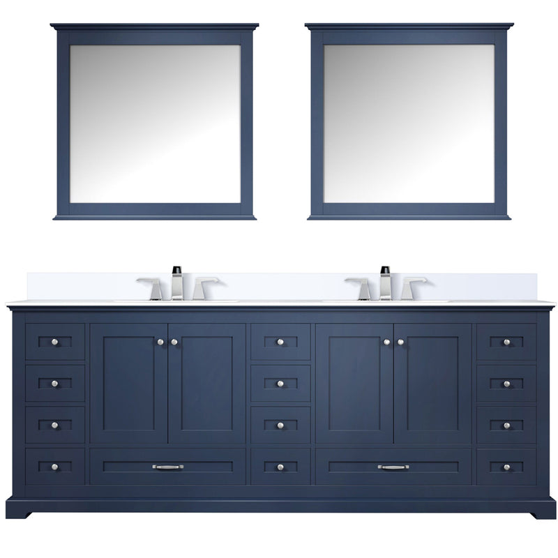 Lexora Dukes 84" W x 22" D Navy Blue Double Bath Vanity Carrara Marble Top with Faucet Set and 34" Mirrors