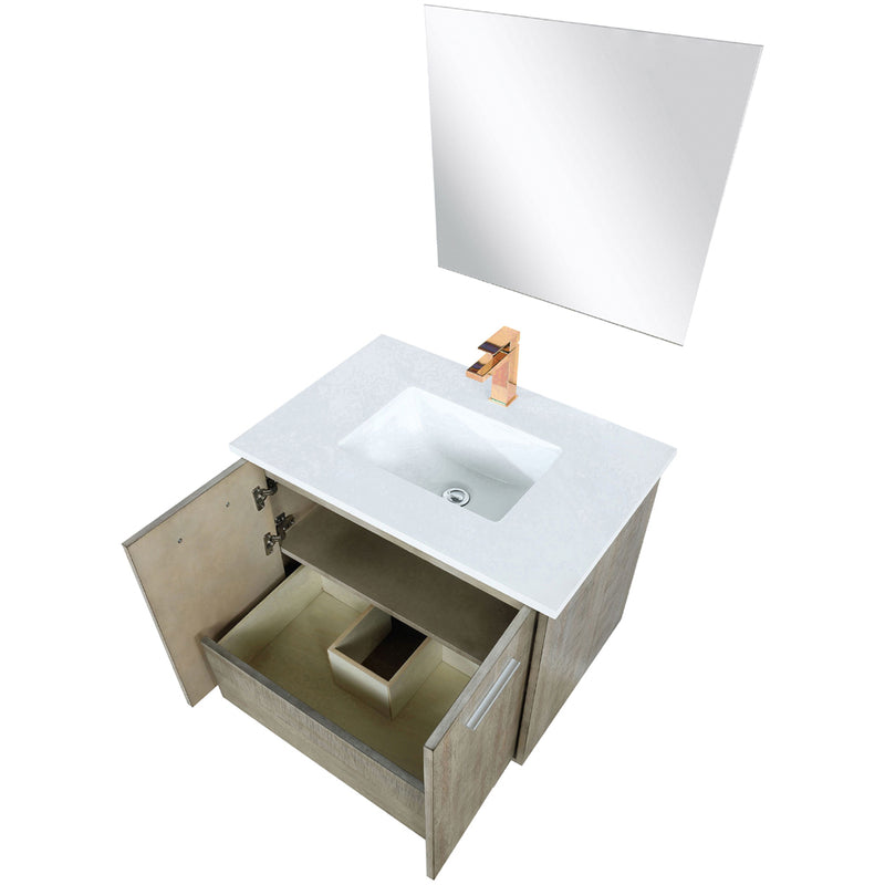 Lexora Fairbanks 30" W x 20" D Rustic Acacia Bath Vanity White Quartz Top with Faucet Set and 28" Mirror