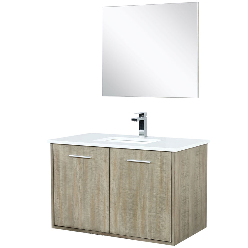 Lexora Fairbanks 36" W x 20" D Rustic Acacia Bath Vanity White Quartz Top with Faucet Set and 28" Mirror