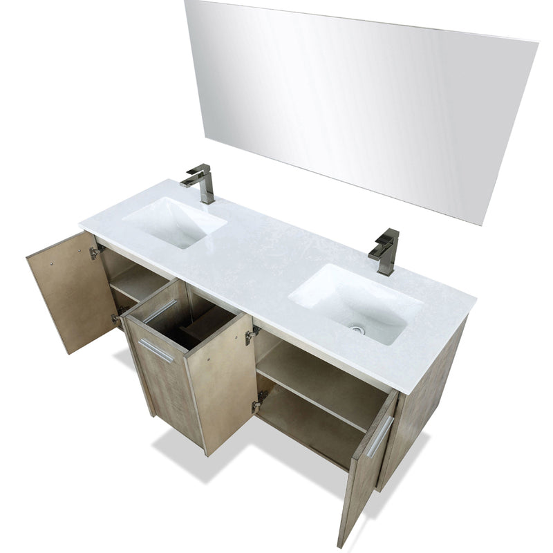 Lexora Fairbanks 60 " W x 20 " D Rustic Acacia Double Bath Vanity White Quartz Top with Faucet Set and 55" Mirror