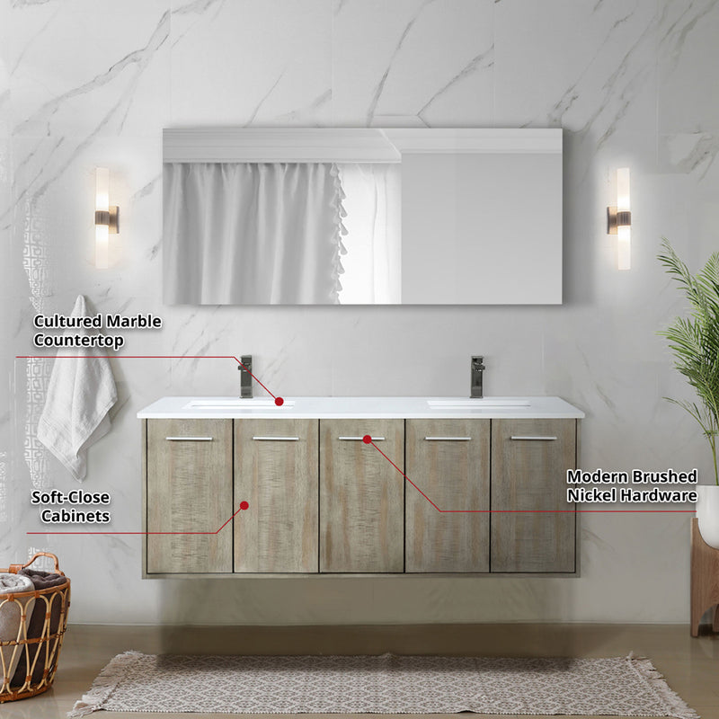 Lexora Fairbanks 60 " W x 20 " D Rustic Acacia Double Bath Vanity Cultured Marble Top with Faucet Set and 55" Mirror