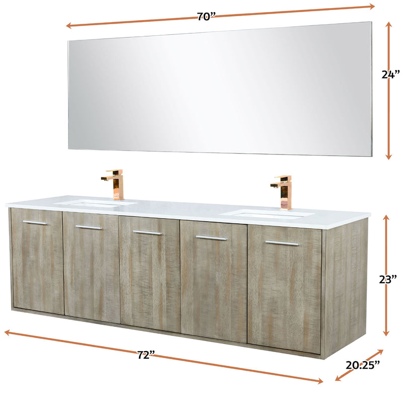 Lexora Fairbanks 72 " W x 20 " D Rustic Acacia Double Bath Vanity White Quartz Top with Faucet Set and 70" Mirror