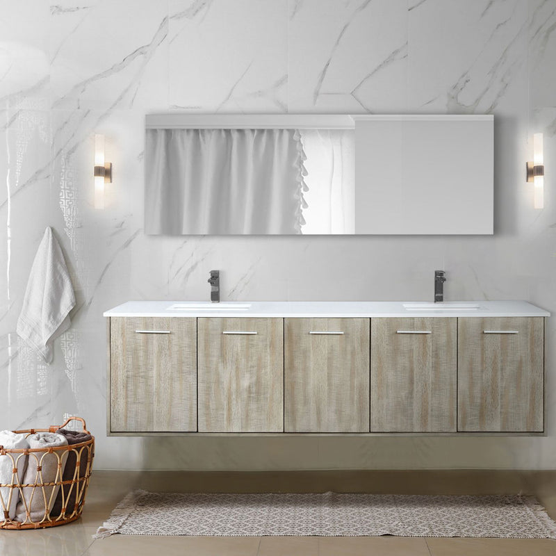 Lexora Fairbanks 80" W x 20" D Rustic Acacia Double Bath Vanity White Quartz Top with Faucet Set and 70" Mirror