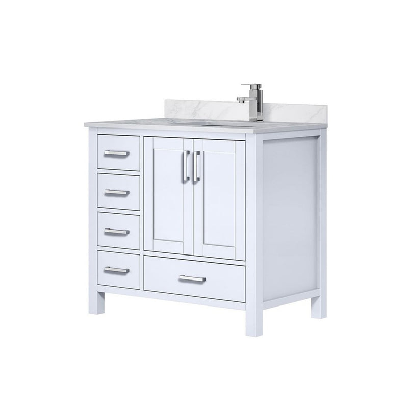 Lexora Jacques 36" W x 22" D Offset White Single Bath Vanity with Marble Top, and Faucet Set