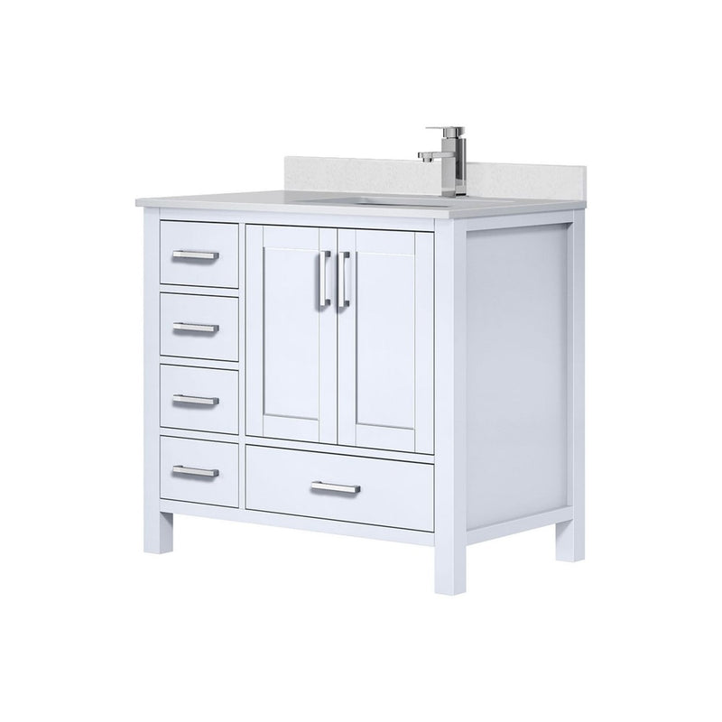 Lexora Jacques 36" W x 22" D Offset White Single Bath Vanity with Marble Top, and Faucet Set