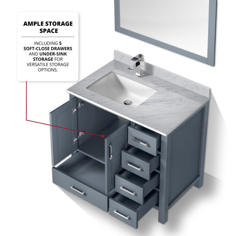 Lexora Jacques 36" W x 22" D Offset Dark Grey Single Bath Vanity with Marble Top, and Faucet Set