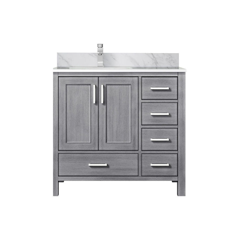 Lexora Jacques 36" W x 22" D Offset Distressed Grey Single Bath Vanity with Marble Top, and Faucet Set